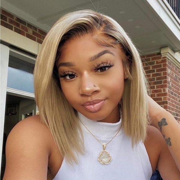 Blonde human hair wig with brown roots